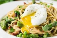 Spring Harvest Pasta with Crispy Bacon & Poached Egg