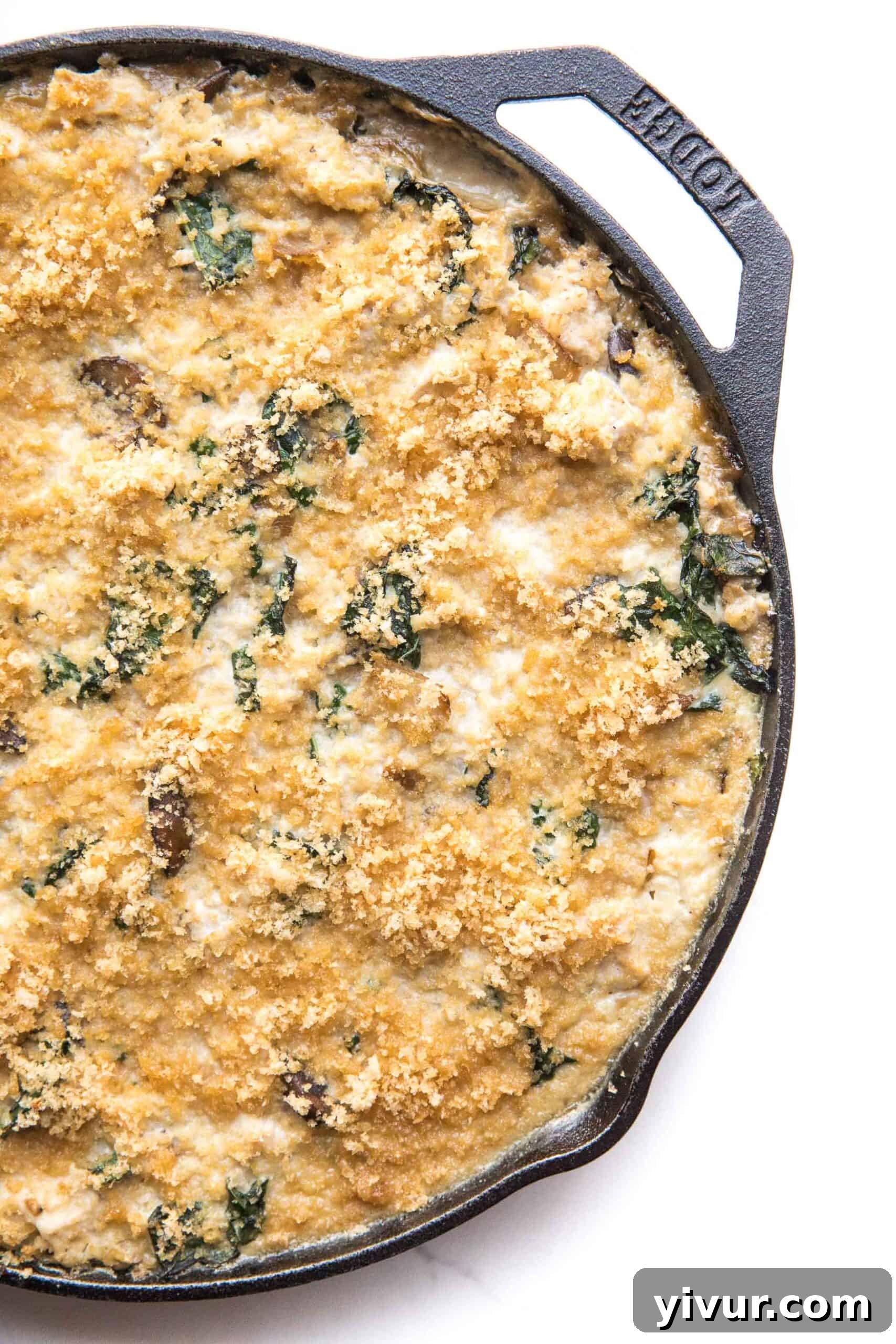 Savory Whole30 Keto Creamy Chicken Cauliflower Bake 2 creamy chicken cauliflower rice casserole in a cast iron skillet, golden brown and bubbling