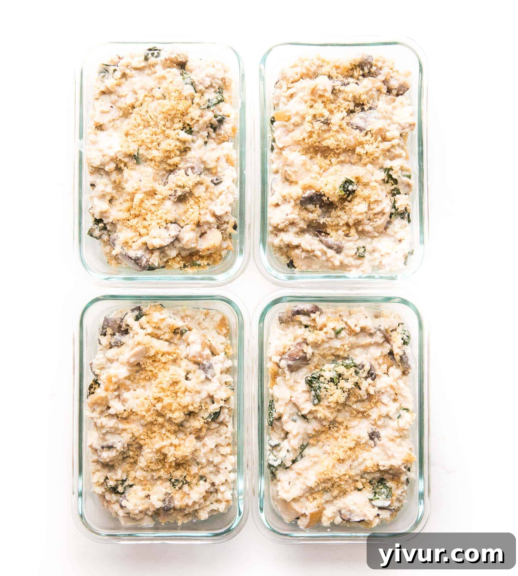 Savory Whole30 Keto Creamy Chicken Cauliflower Bake 5 meal prep creamy chicken and kale cauliflower rice casserole in containers