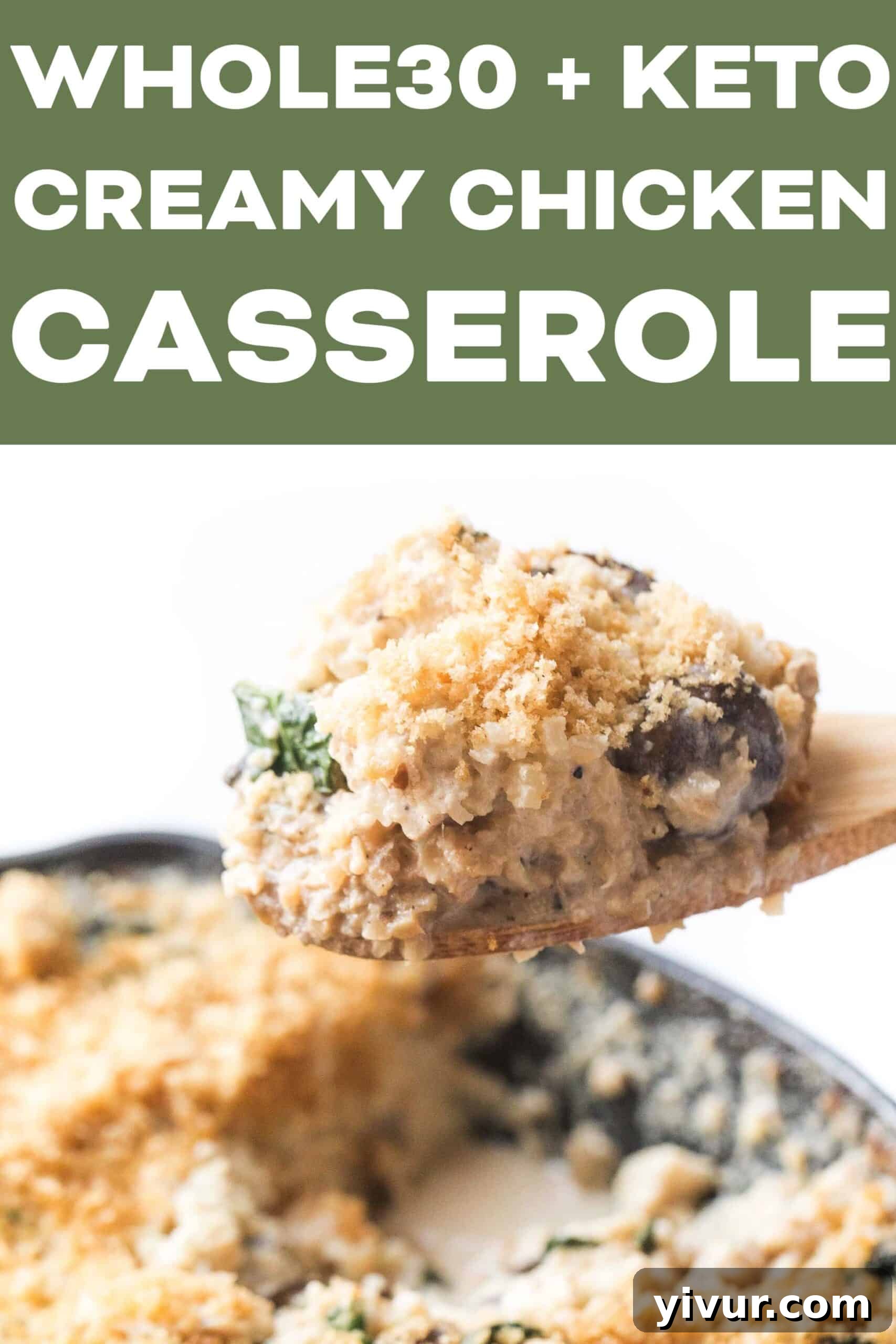 Savory Whole30 Keto Creamy Chicken Cauliflower Bake 7 A top-down view of the creamy chicken cauliflower rice casserole in a cast iron skillet, golden brown and garnished.