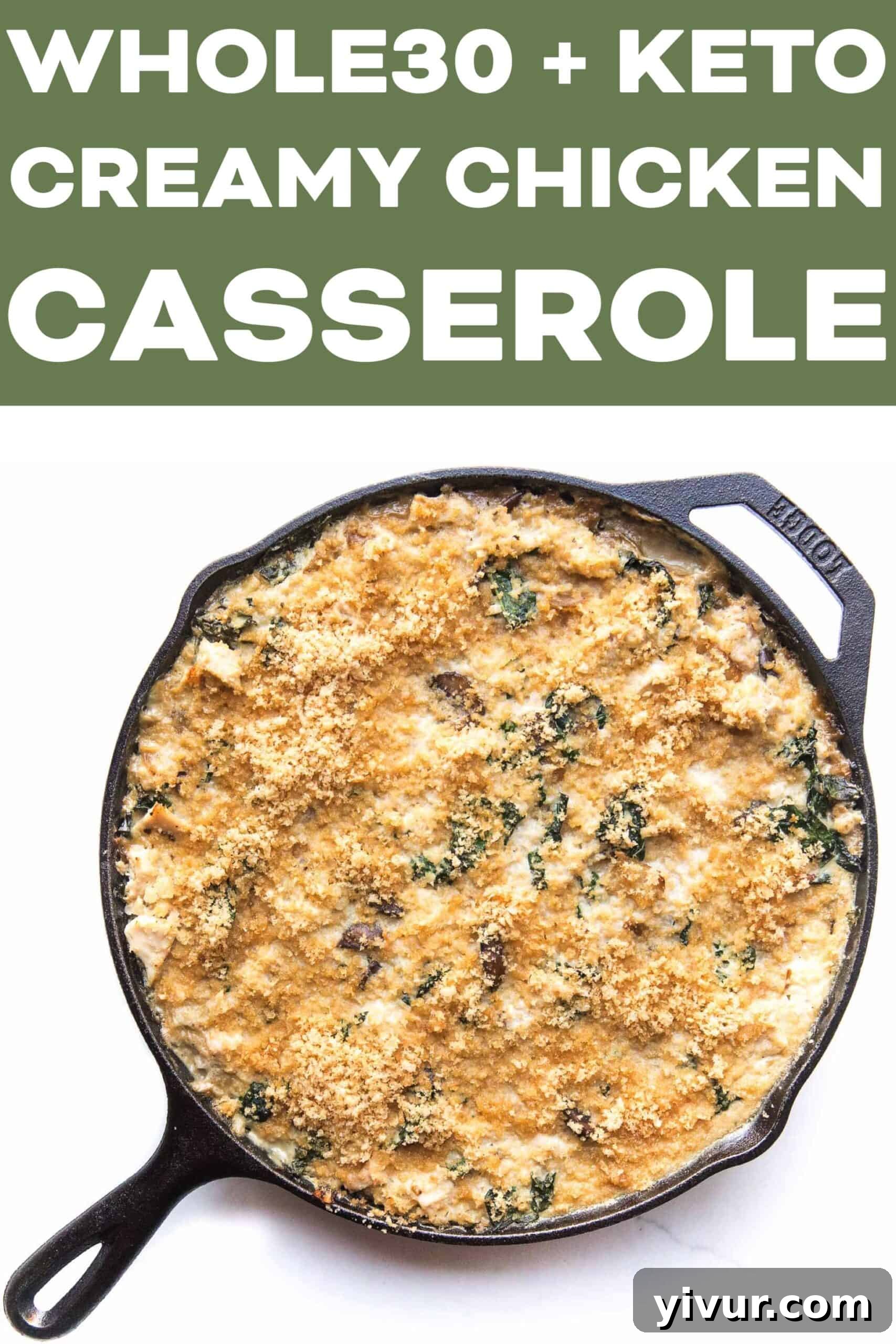 Savory Whole30 Keto Creamy Chicken Cauliflower Bake 8 A close-up shot of a spoonful of creamy chicken cauliflower rice casserole, highlighting the texture and ingredients.