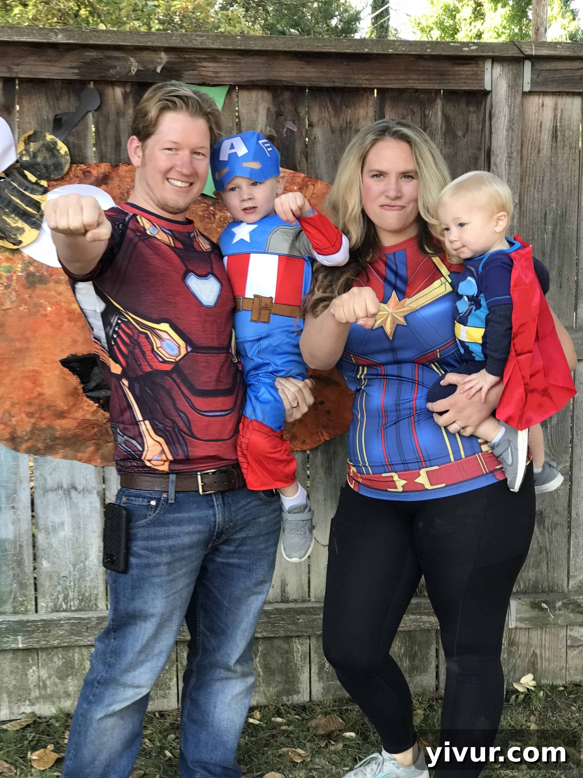 Autumn's Coffee & Chats 4 Family dressed as Marvel superheroes: Iron Man, Captain America, Captain Marvel, Thor