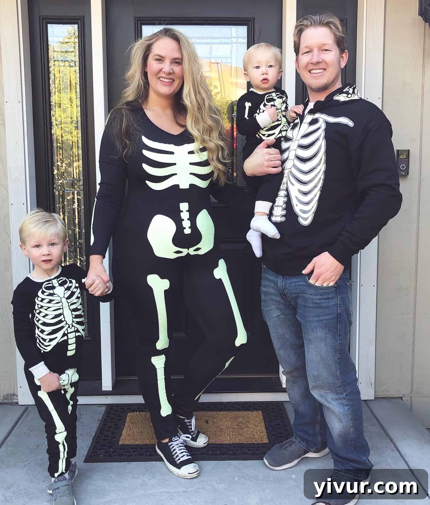 Autumn's Coffee & Chats 5 Family in glow-in-the-dark skeleton costumes, ready for trick-or-treating