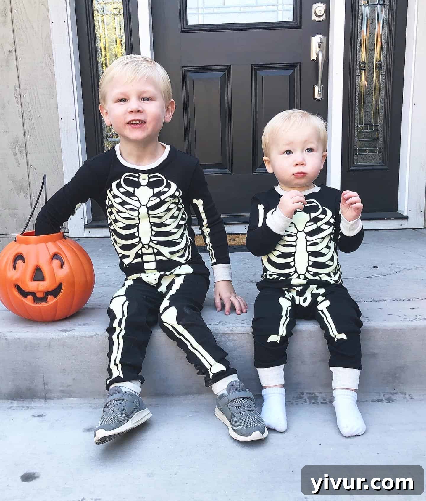 Autumn's Coffee & Chats 6 Toddler and baby in matching glow-in-the-dark skeleton Halloween costumes