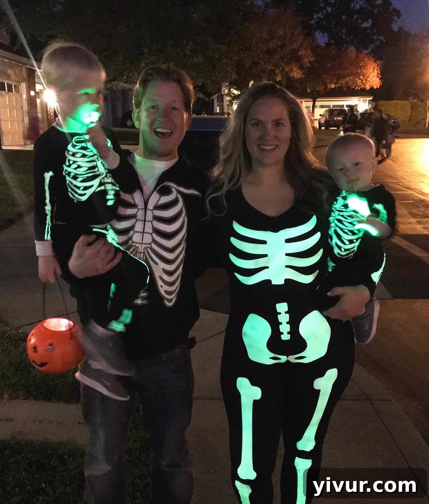 Autumn's Coffee & Chats 10 Happy family in glow-in-the-dark skeleton costumes for Halloween