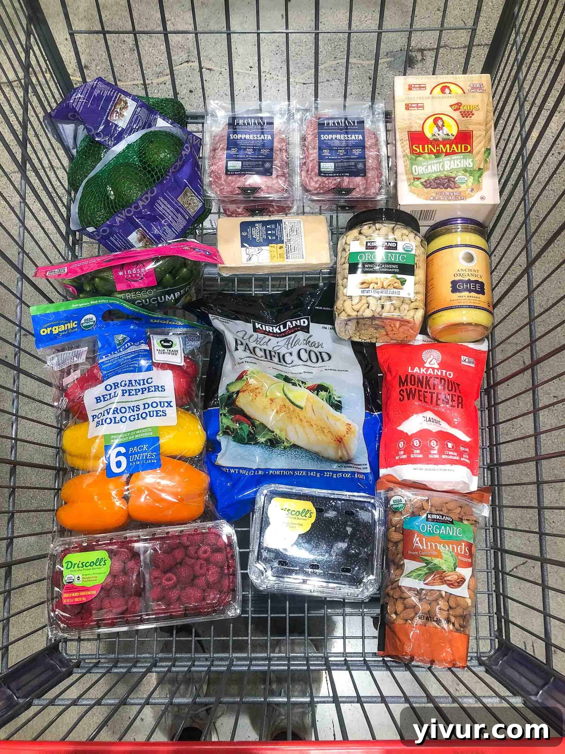Costco grocery haul for Whole30 and Keto meal prep, featuring fresh produce and bulk items
