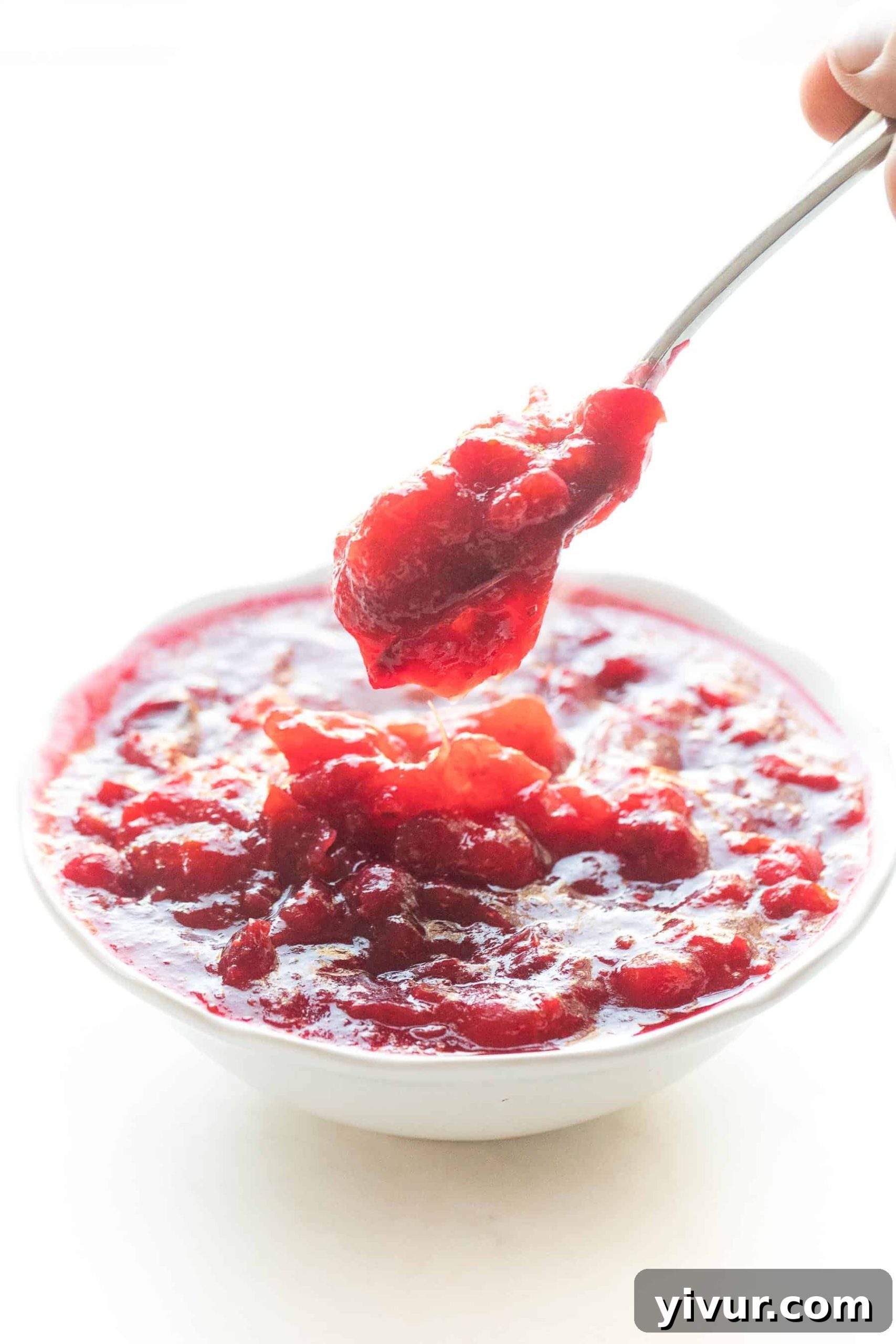 spoon dripping cranberry sauce in a white bowl, showcasing its rich texture