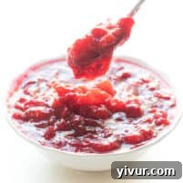 spoon dripping cranberry sauce in a white bowl