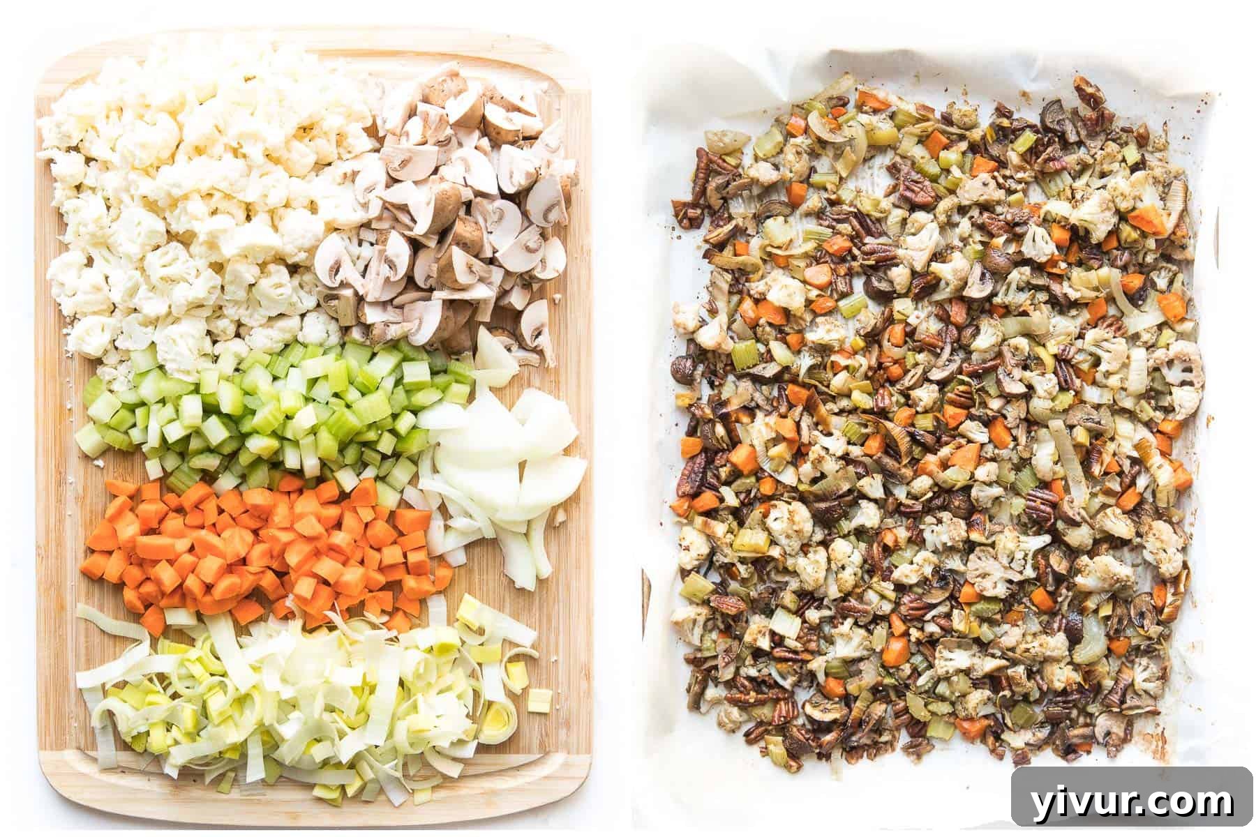 chopped vegetables and ingredients for keto stuff next to a baking sheet pan with all of the ingredients mixed together after cooking in the oven.