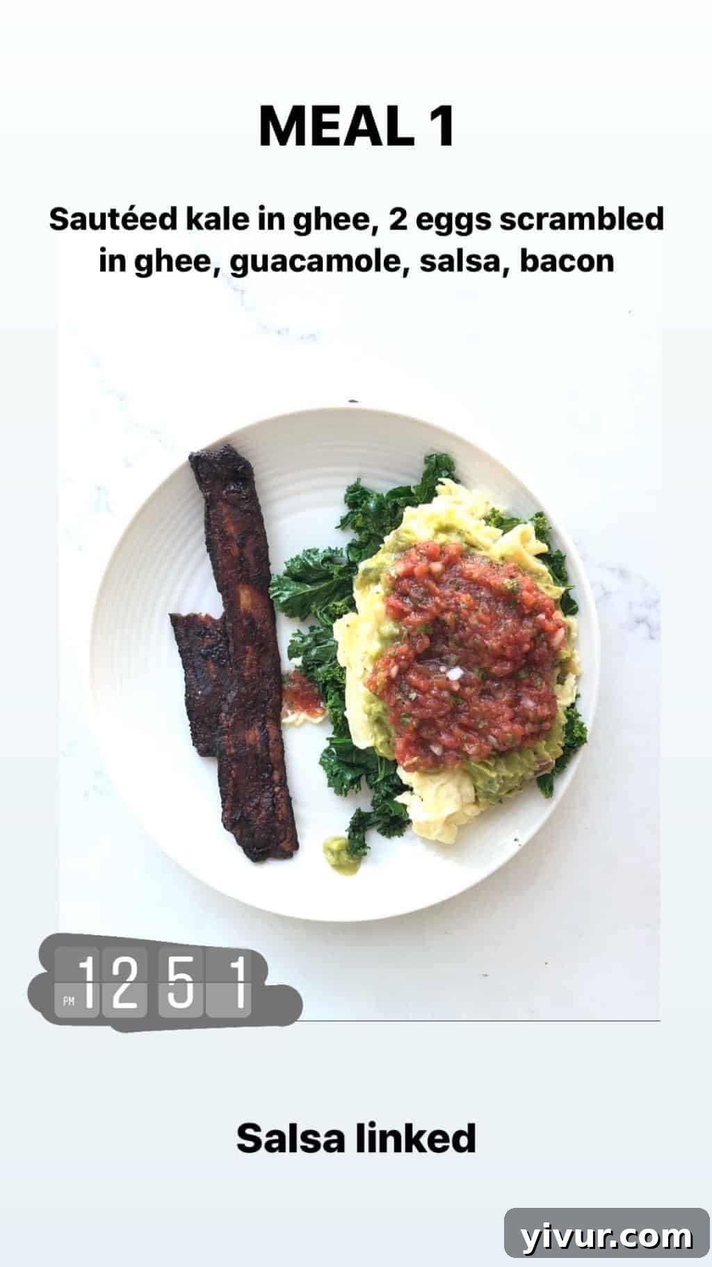 My October Clean Keto Whole30 Food Diary 2019 11 Another angle of the satisfying breakfast, with emphasis on the wholesome ingredients: sauteed kale, scrambled eggs, guacamole, salsa, and bacon.