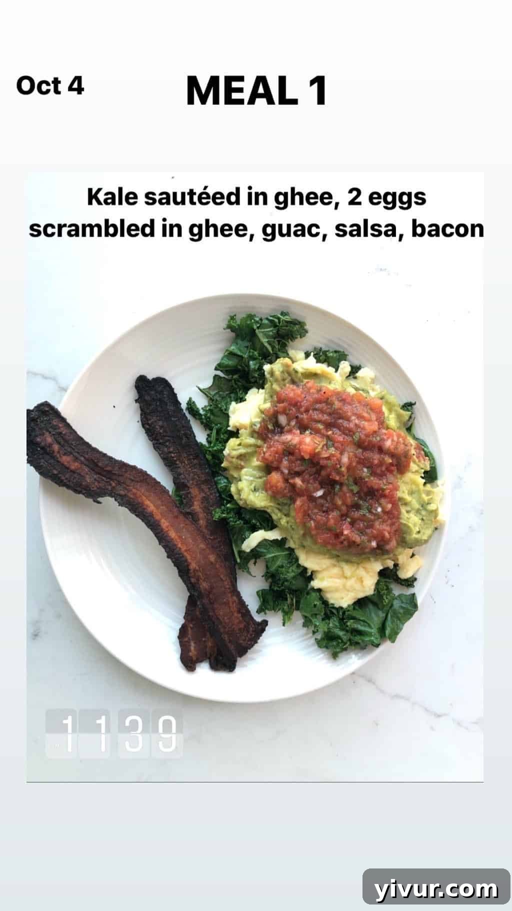 My October Clean Keto Whole30 Food Diary 2019 13 A simple yet satisfying breakfast of sauteed kale, scrambled eggs, creamy guacamole, fresh salsa, and crispy bacon.