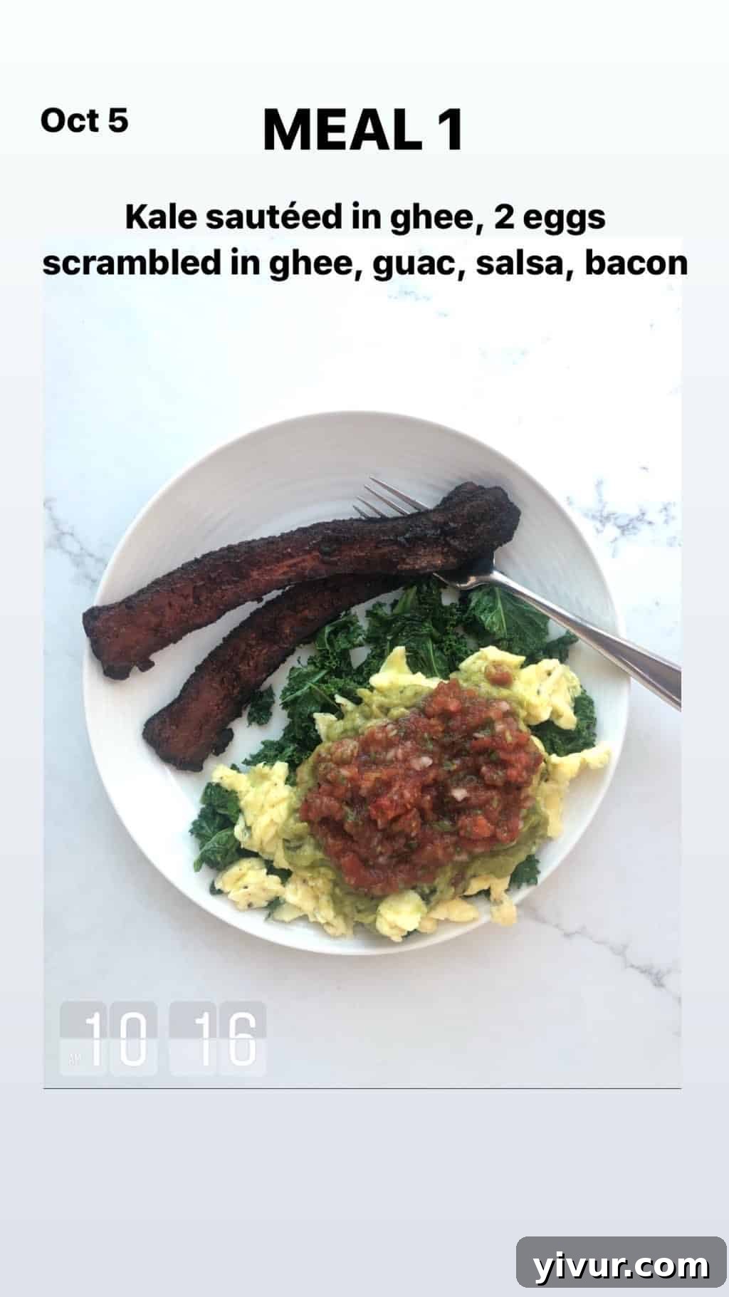My October Clean Keto Whole30 Food Diary 2019 15 A wholesome breakfast plate with sauteed kale, fluffy scrambled eggs, creamy guacamole, zesty salsa, and crispy bacon.