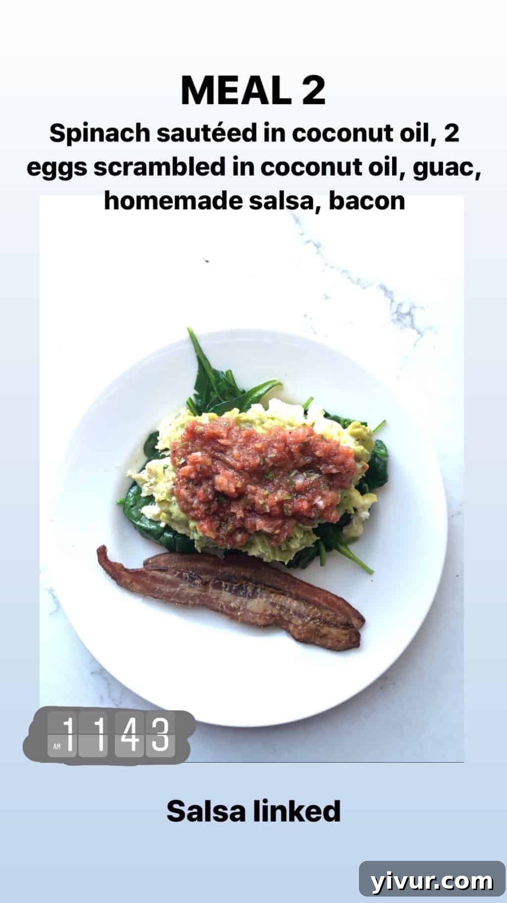 My October Clean Keto Whole30 Food Diary 2019 18 A familiar clean keto Whole30 breakfast featuring sauteed spinach, scrambled eggs, guacamole, salsa, and crispy bacon.