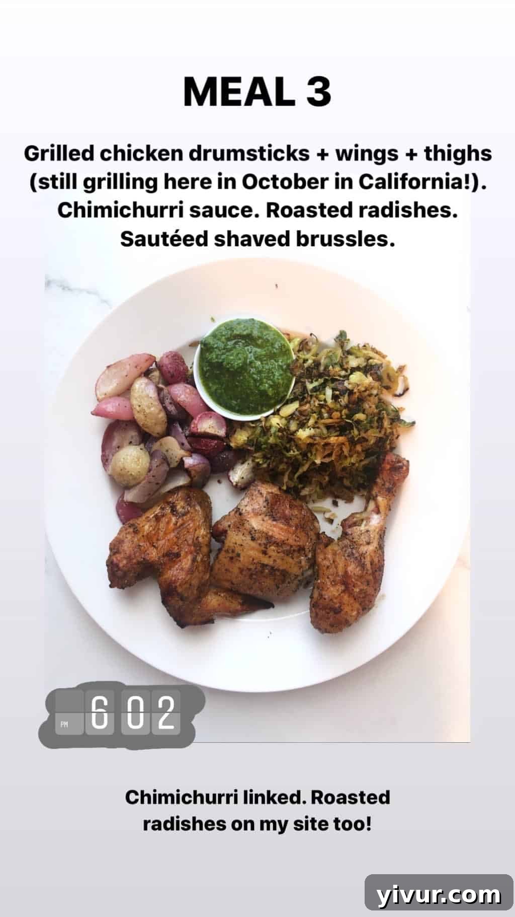 My October Clean Keto Whole30 Food Diary 2019 19 Grilled chimichurri chicken, roasted radishes, and sauteed shaved Brussels sprouts, a flavorful and compliant meal.