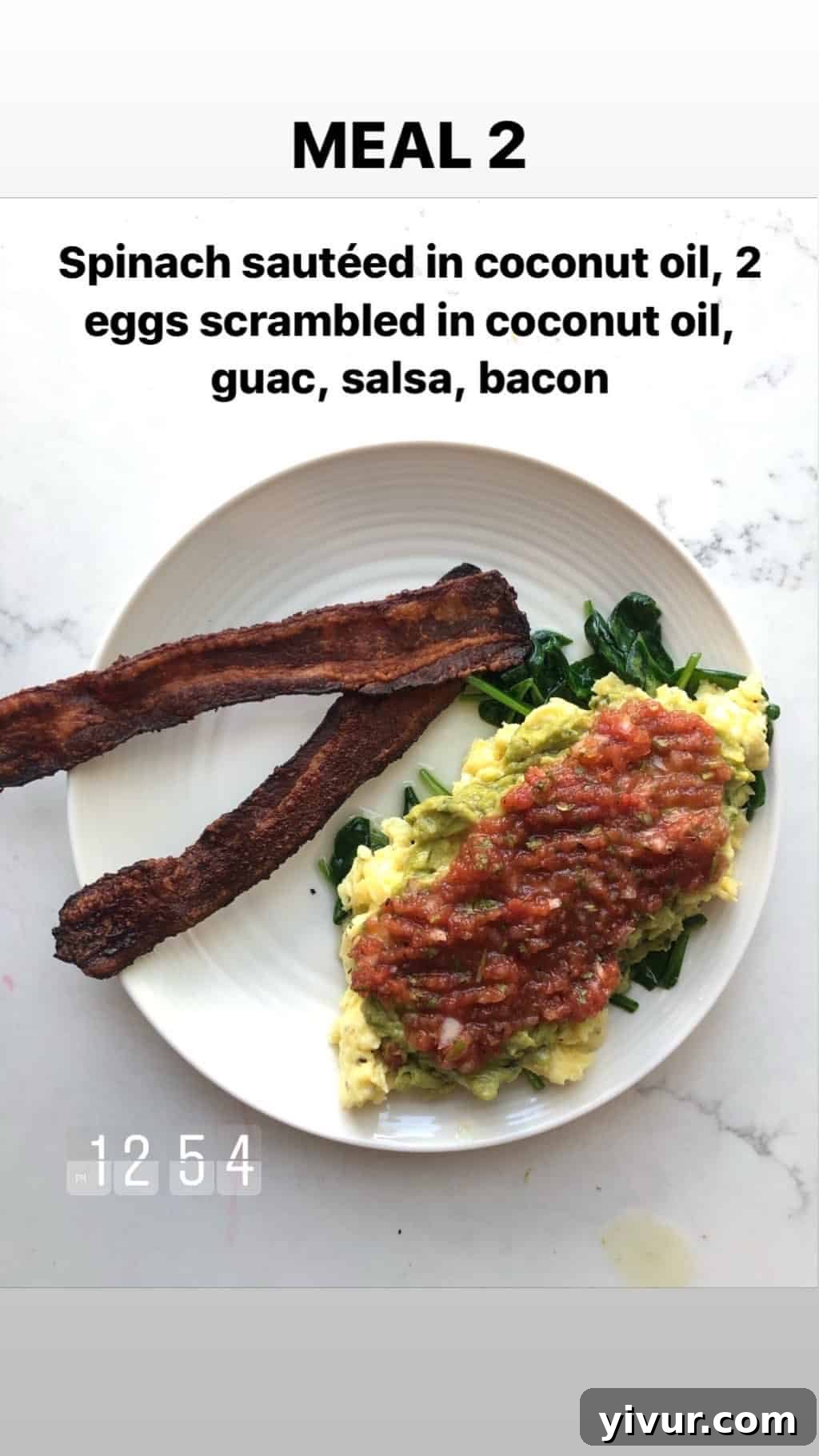 My October Clean Keto Whole30 Food Diary 2019 25 A consistent breakfast plate with sauteed spinach, scrambled eggs, creamy guacamole, tangy salsa, and crispy bacon.