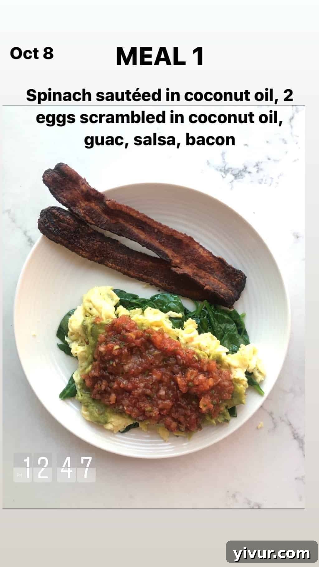 My October Clean Keto Whole30 Food Diary 2019 27 A plate of sauteed spinach, scrambled eggs, guacamole, salsa, and bacon – a perfect clean keto Whole30 breakfast.