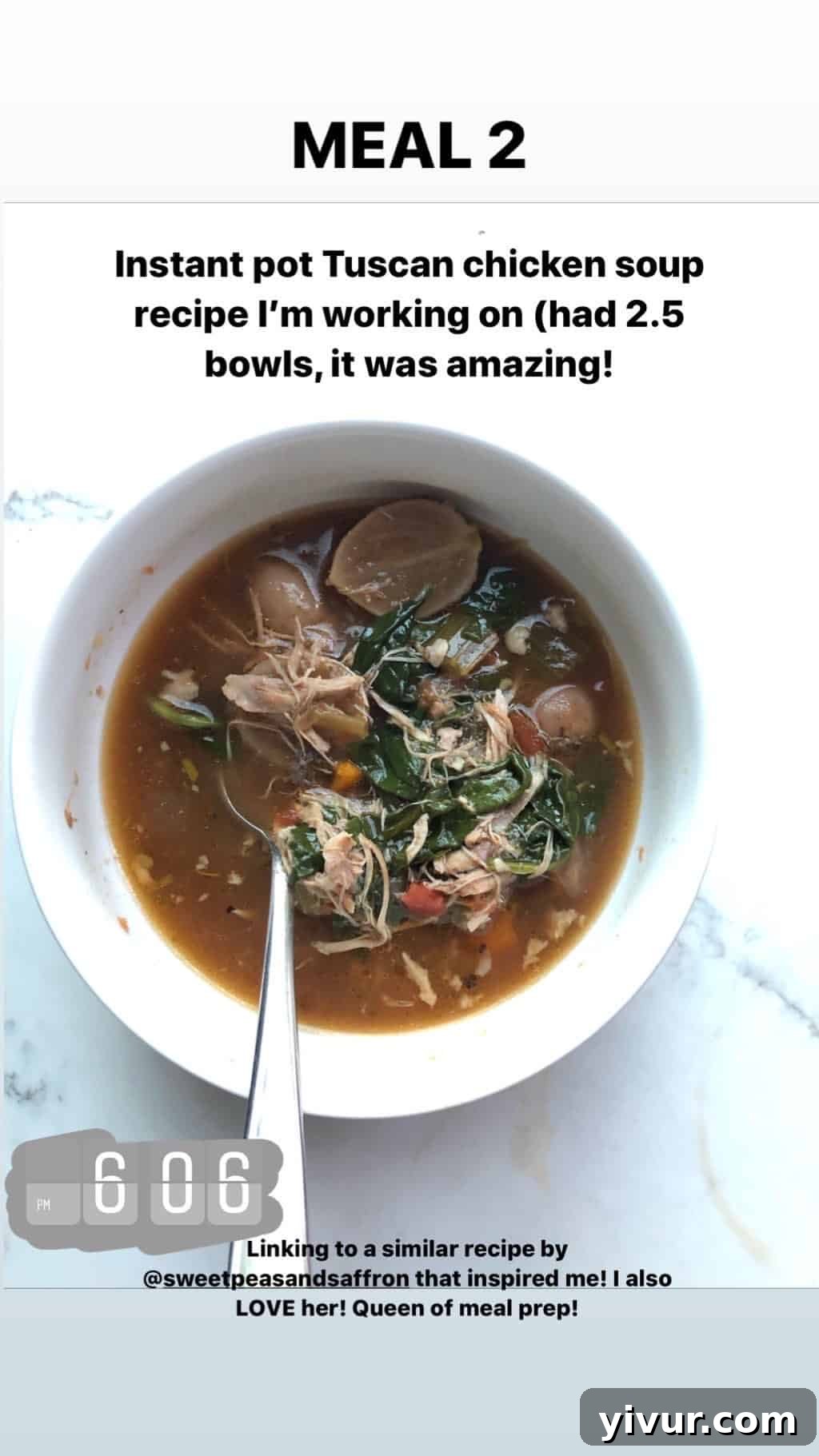 My October Clean Keto Whole30 Food Diary 2019 28 A comforting bowl of Instant Pot Tuscan chicken soup, rich and flavorful.