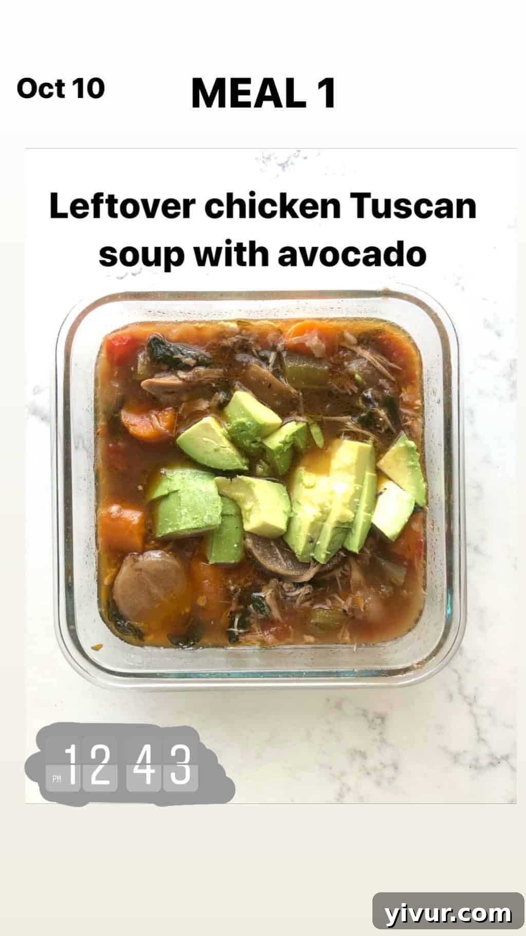 My October Clean Keto Whole30 Food Diary 2019 29 Instant Pot Tuscan chicken soup served with a fresh slice of avocado.