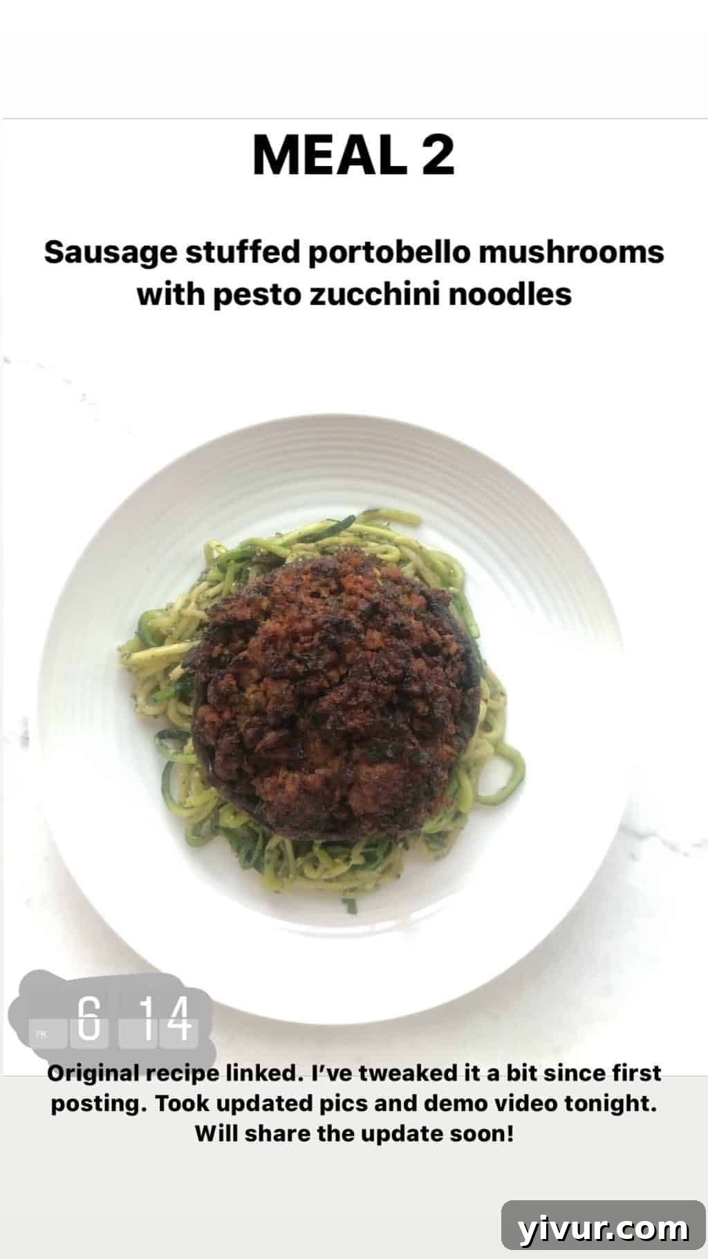 My October Clean Keto Whole30 Food Diary 2019 30 Sausage stuffed portobello mushrooms topped with pesto, served alongside fresh zucchini noodles.