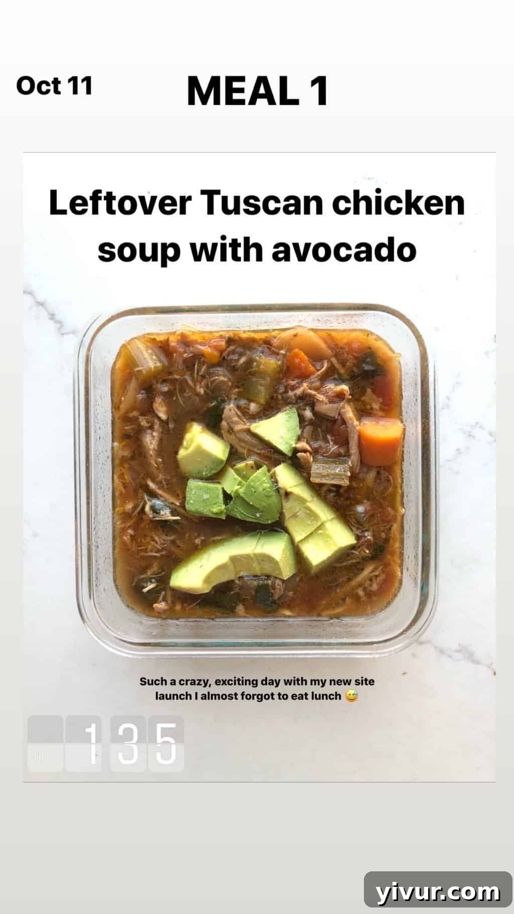 My October Clean Keto Whole30 Food Diary 2019 31 Tuscan chicken soup with avocado slices, a perfect comforting meal.