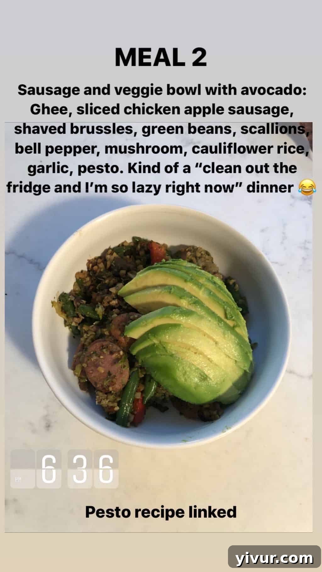 My October Clean Keto Whole30 Food Diary 2019 32 Chicken apple sausage stir-fry with shaved Brussels sprouts, green beans, scallions, bell pepper, mushrooms, cauliflower rice, and pesto.