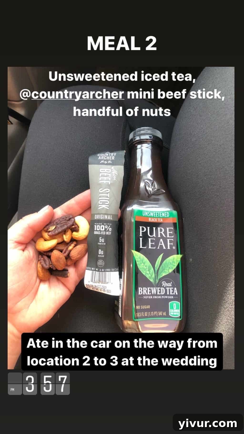 My October Clean Keto Whole30 Food Diary 2019 35 Unsweetened iced tea, a beef stick, and a handful of roasted nuts for a quick, compliant snack.