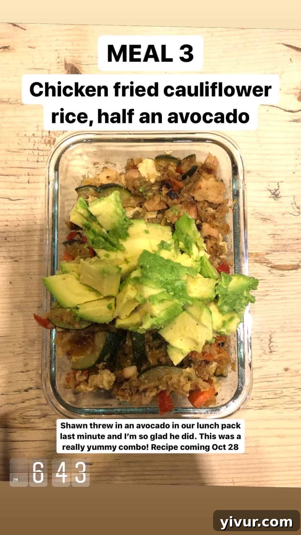 My October Clean Keto Whole30 Food Diary 2019 36 Cauliflower fried rice served with creamy avocado, a flavorful and filling meal.