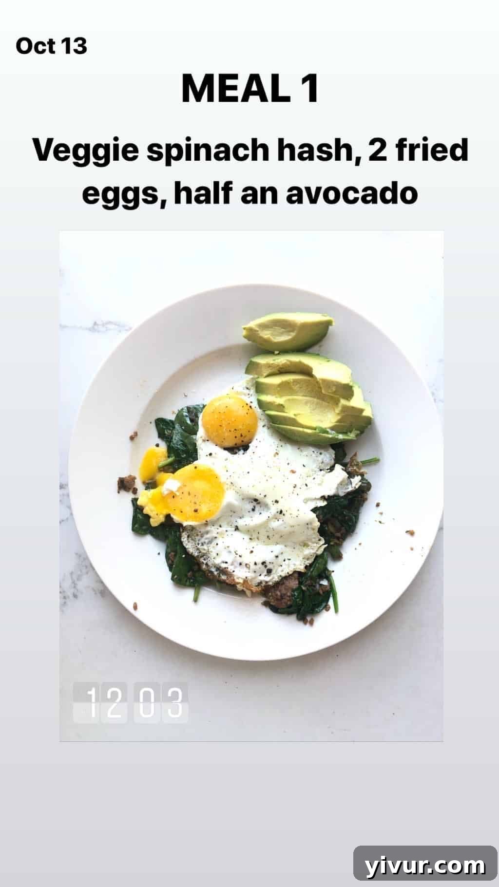 My October Clean Keto Whole30 Food Diary 2019 37 A comforting plate of veggie spinach hash, topped with fried eggs and served with avocado.