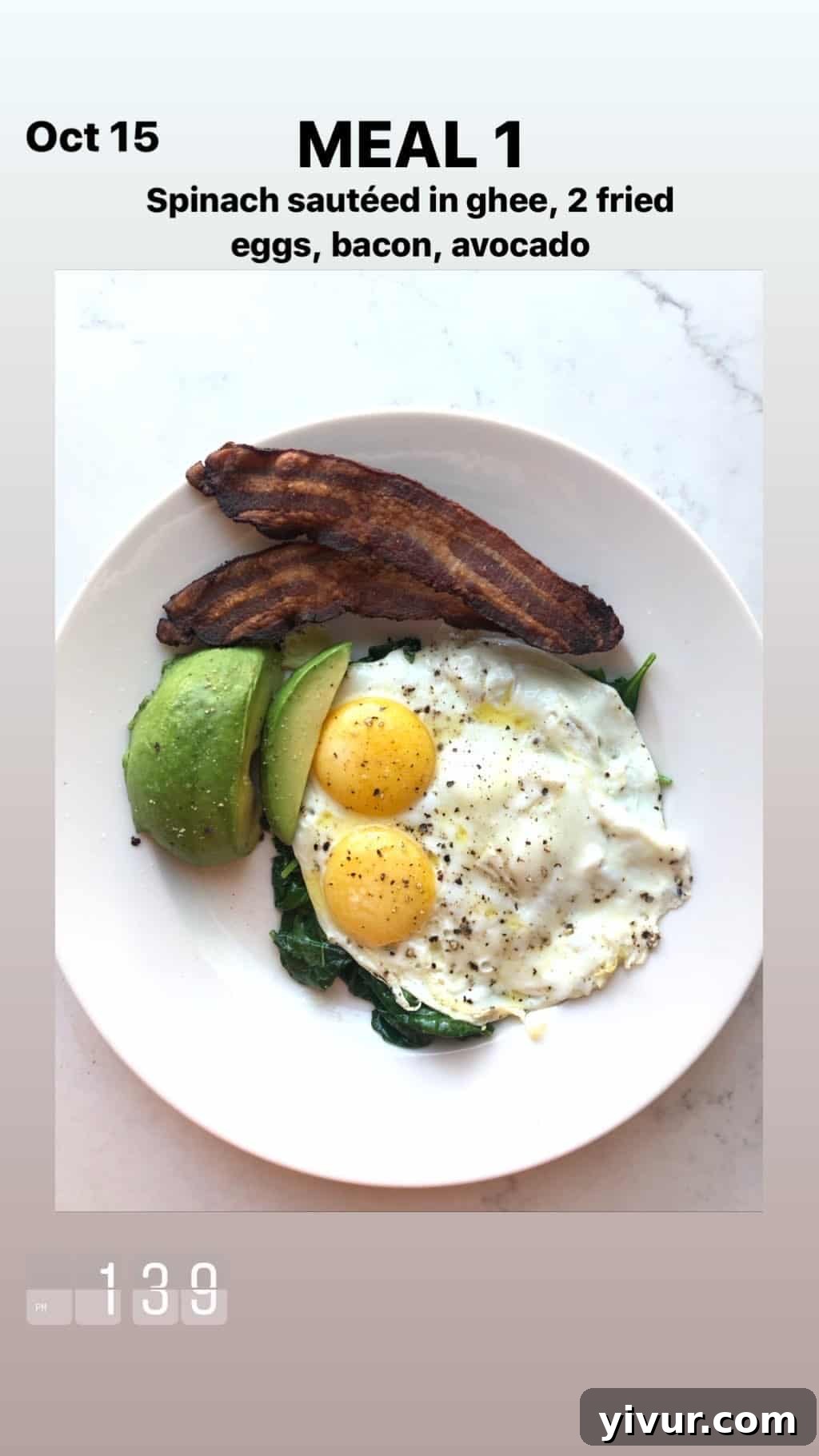 My October Clean Keto Whole30 Food Diary 2019 42 A delightful breakfast of sauteed spinach, fried eggs, crispy bacon, and creamy avocado.