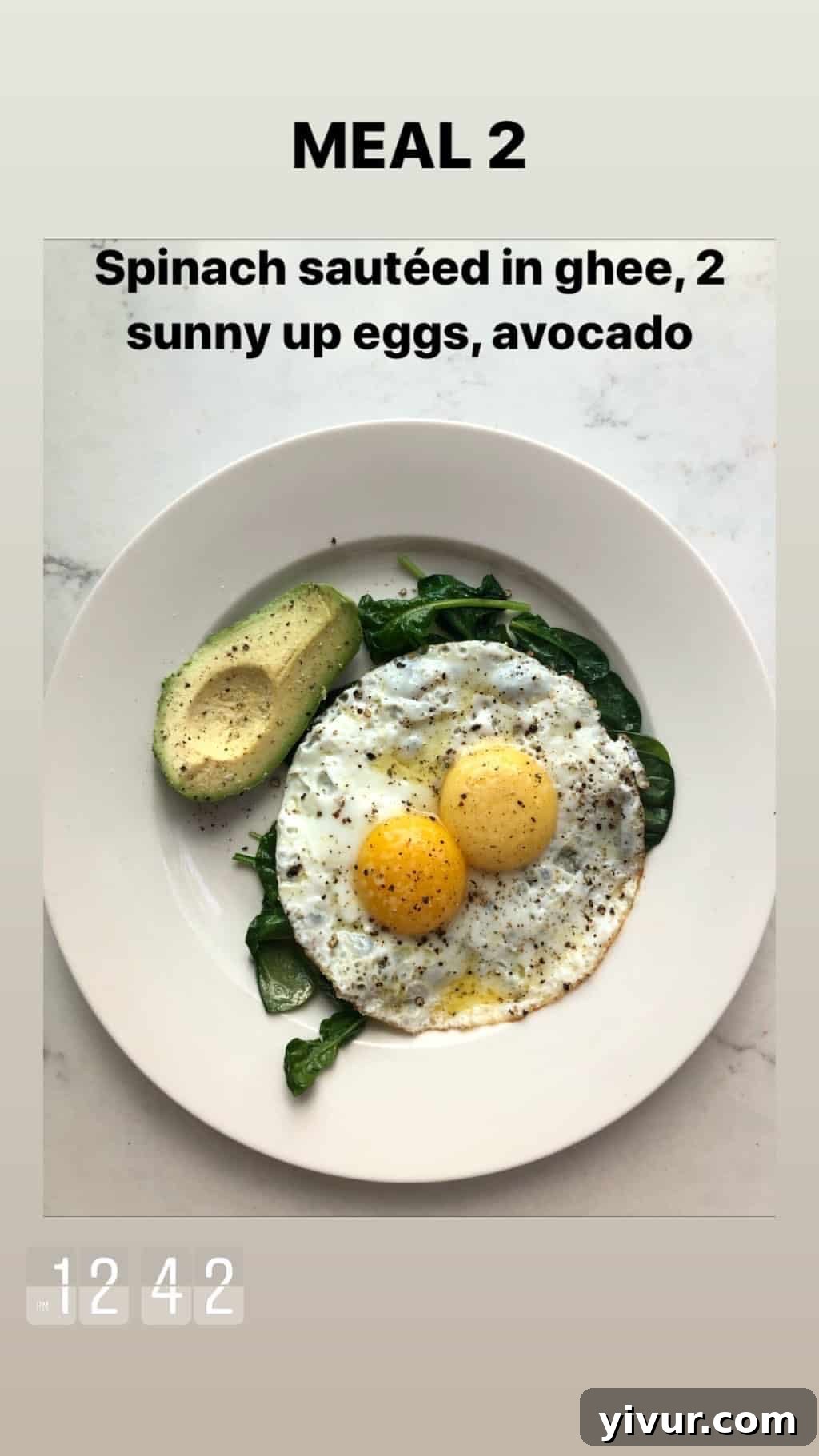 My October Clean Keto Whole30 Food Diary 2019 49 A balanced breakfast with sauteed spinach, sunny-side-up eggs, and creamy avocado.