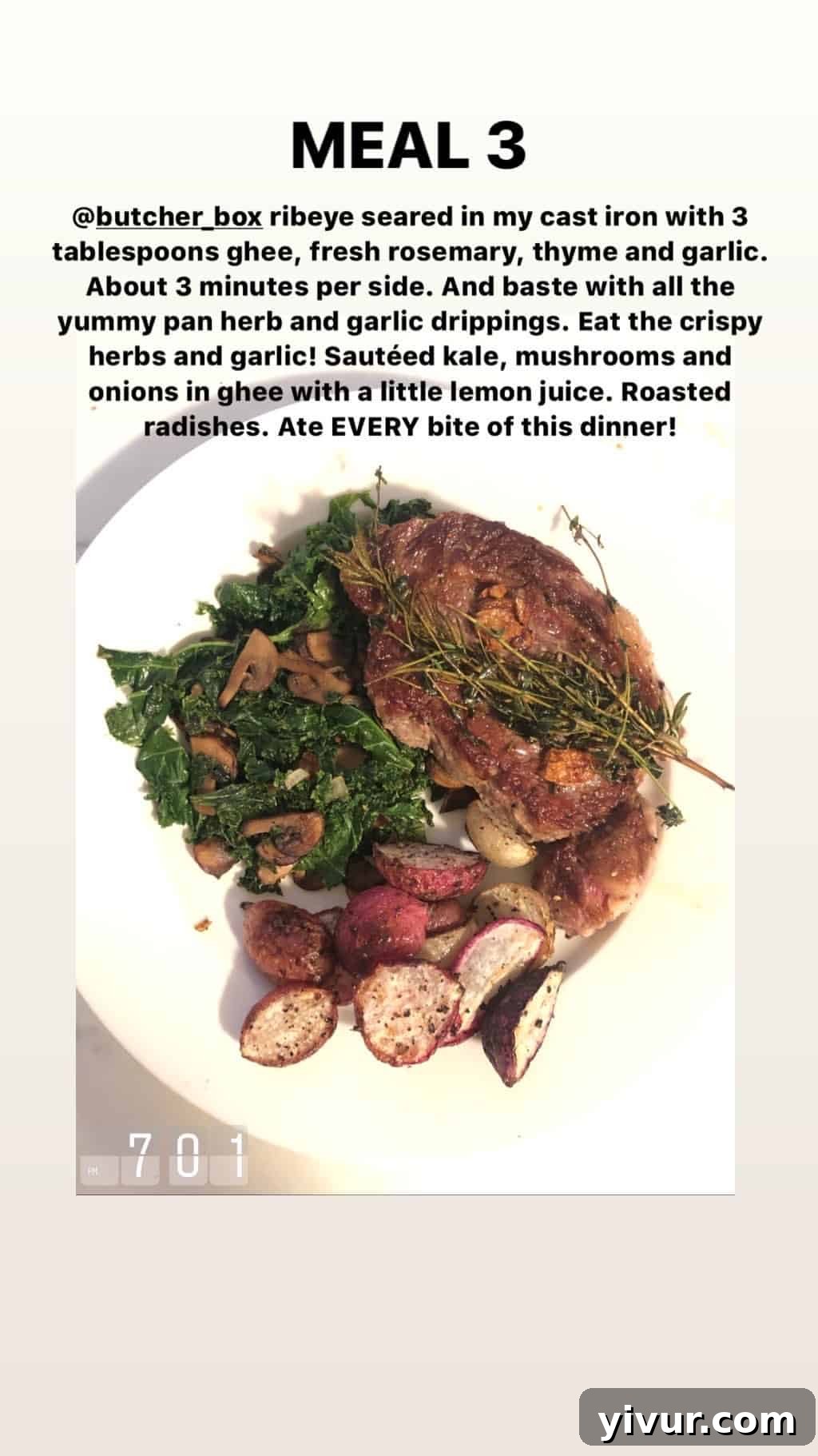My October Clean Keto Whole30 Food Diary 2019 6 Close-up of a flavorful ribeye steak alongside sauteed kale, mushrooms, and onions, with roasted radishes completing the meal.