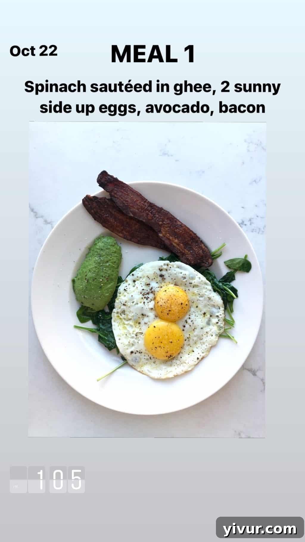 My October Clean Keto Whole30 Food Diary 2019 57 A breakfast plate featuring sauteed spinach, sunny-side-up eggs, creamy avocado, and crispy bacon.