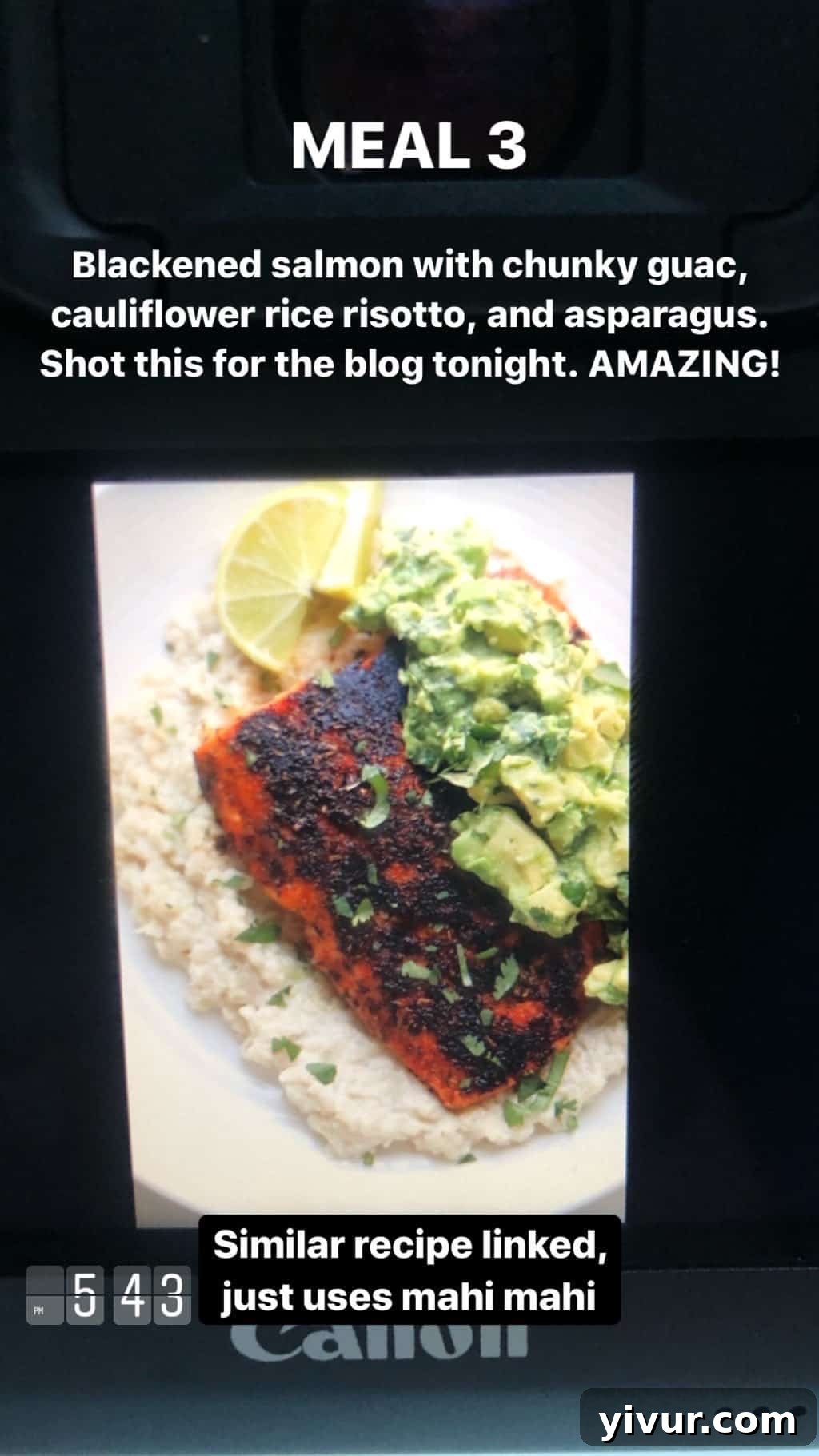 My October Clean Keto Whole30 Food Diary 2019 59 Blackened salmon, creamy guacamole, cauliflower rice risotto, and perfectly roasted asparagus, a complete and flavorful meal.