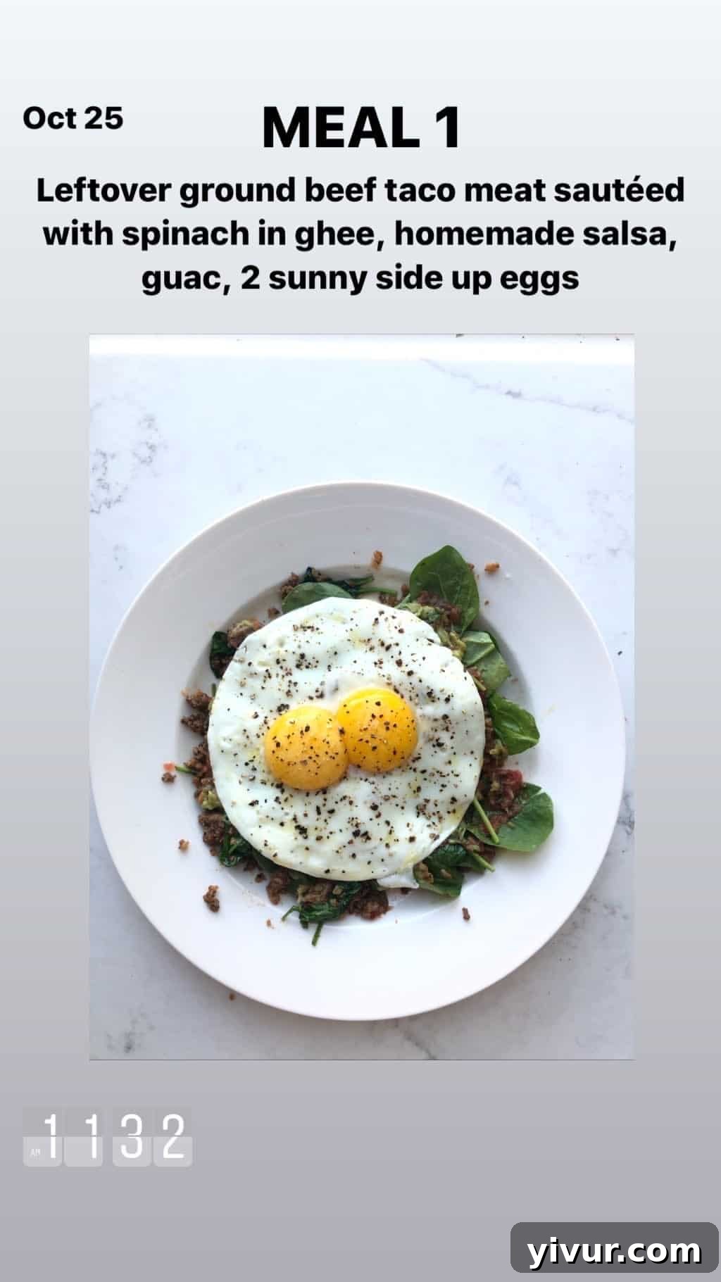My October Clean Keto Whole30 Food Diary 2019 68 Ground beef taco meat, sauteed spinach, zesty salsa, creamy guacamole, and sunny-side-up eggs, a vibrant and filling meal.