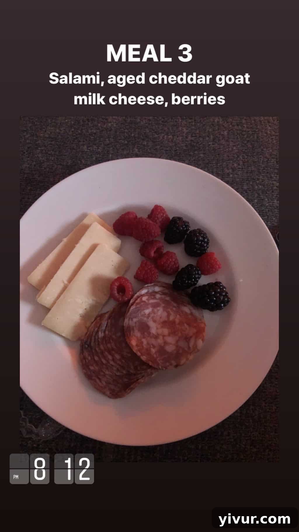 My October Clean Keto Whole30 Food Diary 2019 70 A simple snack platter with salami, aged cheddar goat milk cheese, and fresh berries.