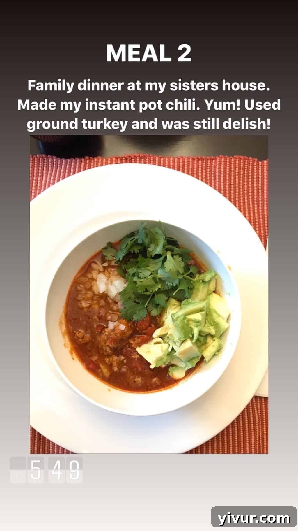 My October Clean Keto Whole30 Food Diary 2019 73 A hearty bowl of Instant Pot Chili, perfect for a comforting and nutritious meal.