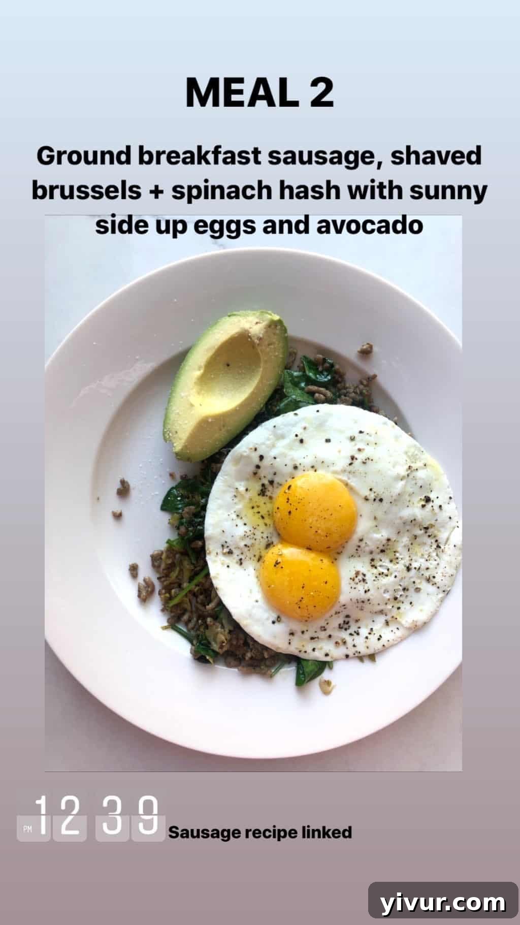 My October Clean Keto Whole30 Food Diary 2019 75 Homemade breakfast sausage, shaved Brussels sprouts, sauteed spinach, and sunny-side-up eggs for a substantial breakfast.