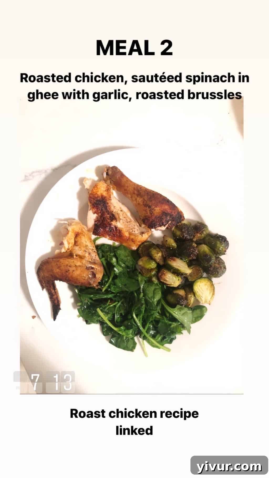 A perfectly roasted chicken, golden brown and juicy, served alongside bright green sauteed spinach and tender roasted Brussels sprouts.