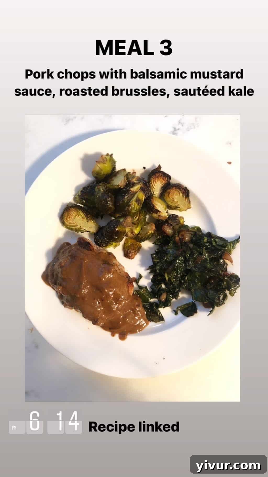 My October Clean Keto Whole30 Food Diary 2019 82 Pork chops with balsamic mustard sauce, served with roasted Brussels sprouts and sauteed kale.