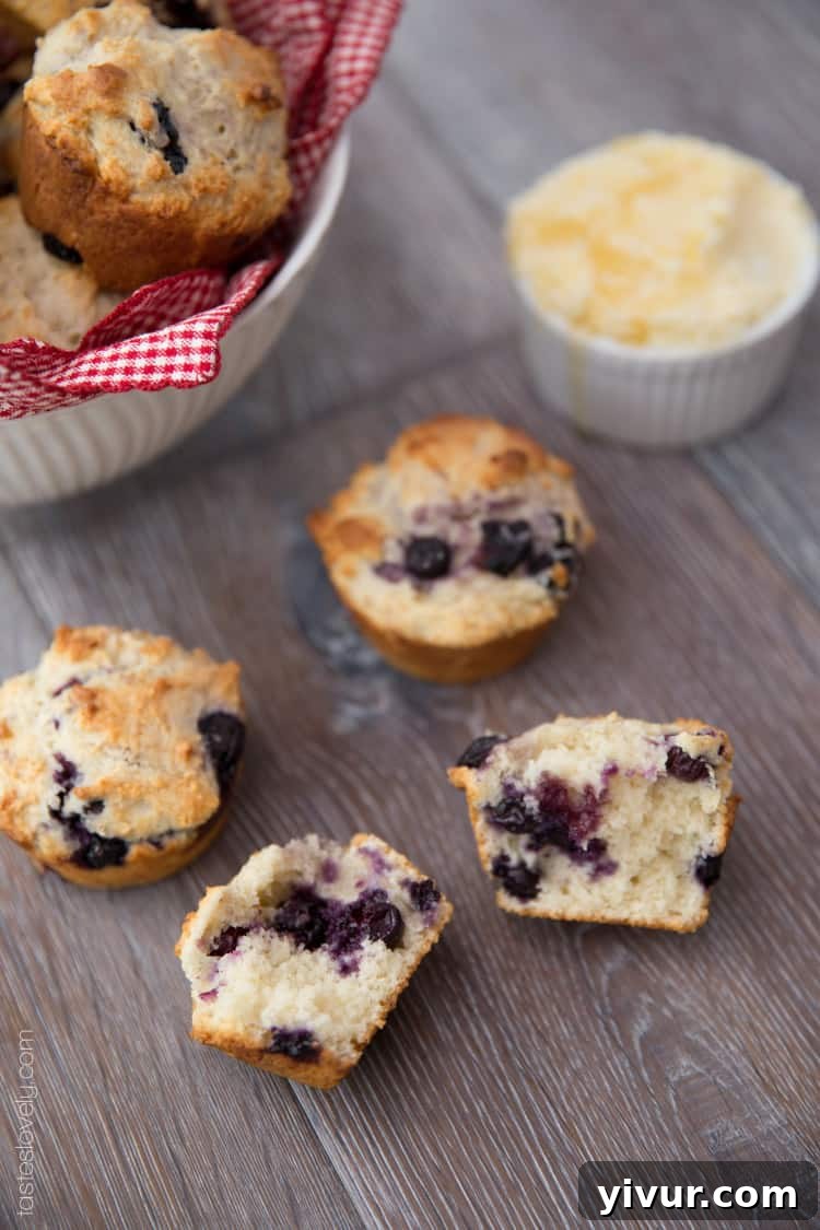 Close-up of an ultra moist blueberry muffin with Greek yogurt showing tender interior