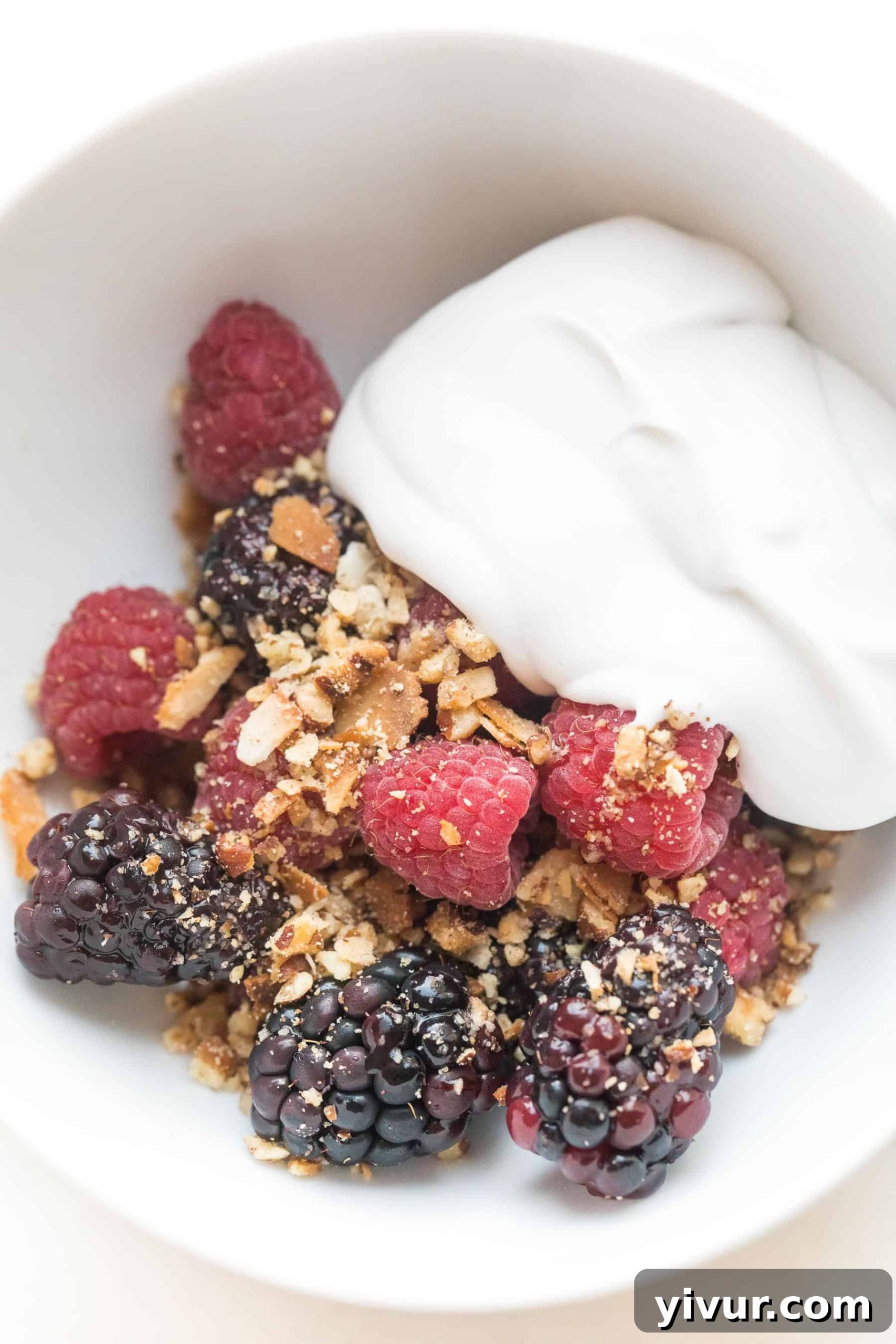 Whole30 Keto No-Bake Berry Delight 2 whole30 + keto raw berry crisp: raspberries + blackberries topped with pecan + shredded coconut with coconut whipped cream