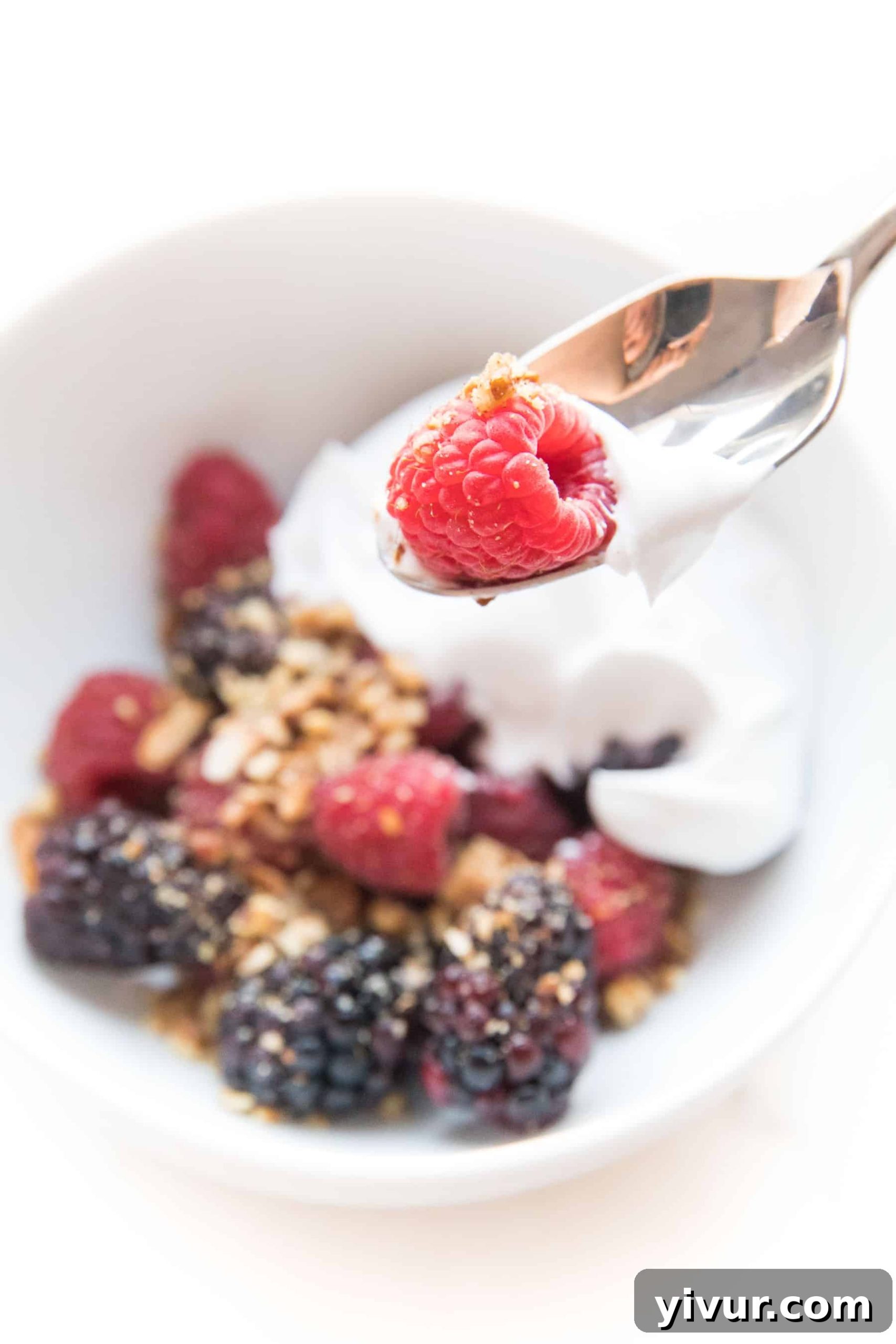 Whole30 Keto No-Bake Berry Delight 5 whole30 + keto raw berry crisp: raspberries + blackberries topped with pecan + shredded coconut with coconut whipped cream