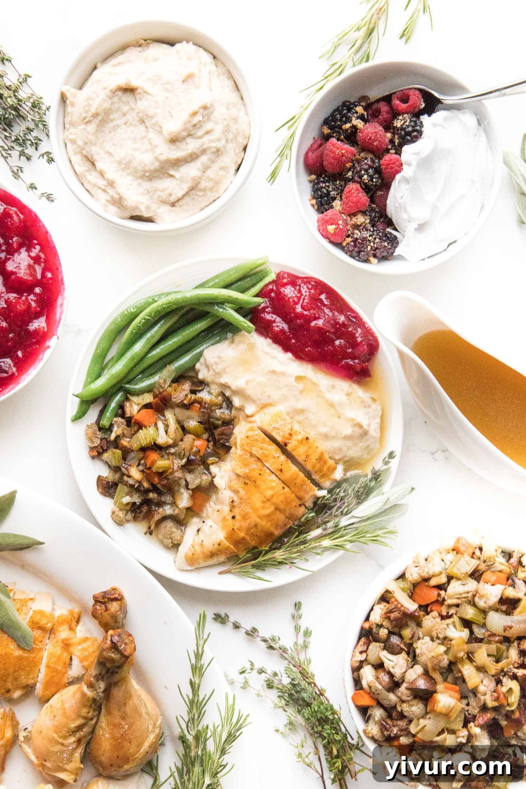 A beautifully arranged Thanksgiving table featuring a roasted turkey, various low-carb side dishes like cauliflower mash, green beans, and cranberry sauce, all conforming to a Whole30 and Keto diet plan, inviting guests to a healthy holiday feast.
