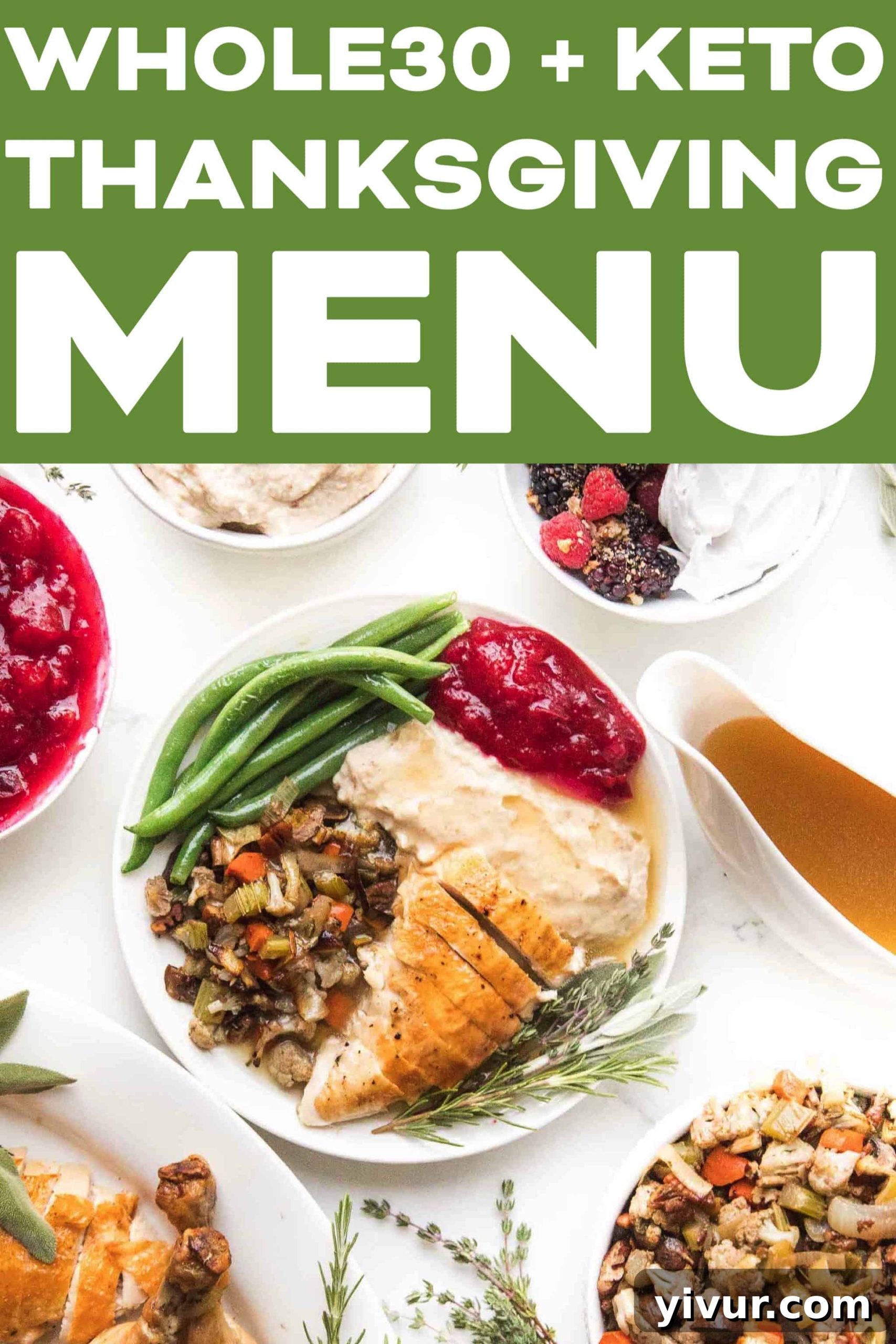 A festive Whole30 and Keto Thanksgiving spread, beautifully presented with a variety of dishes, representing a successful healthy holiday meal.