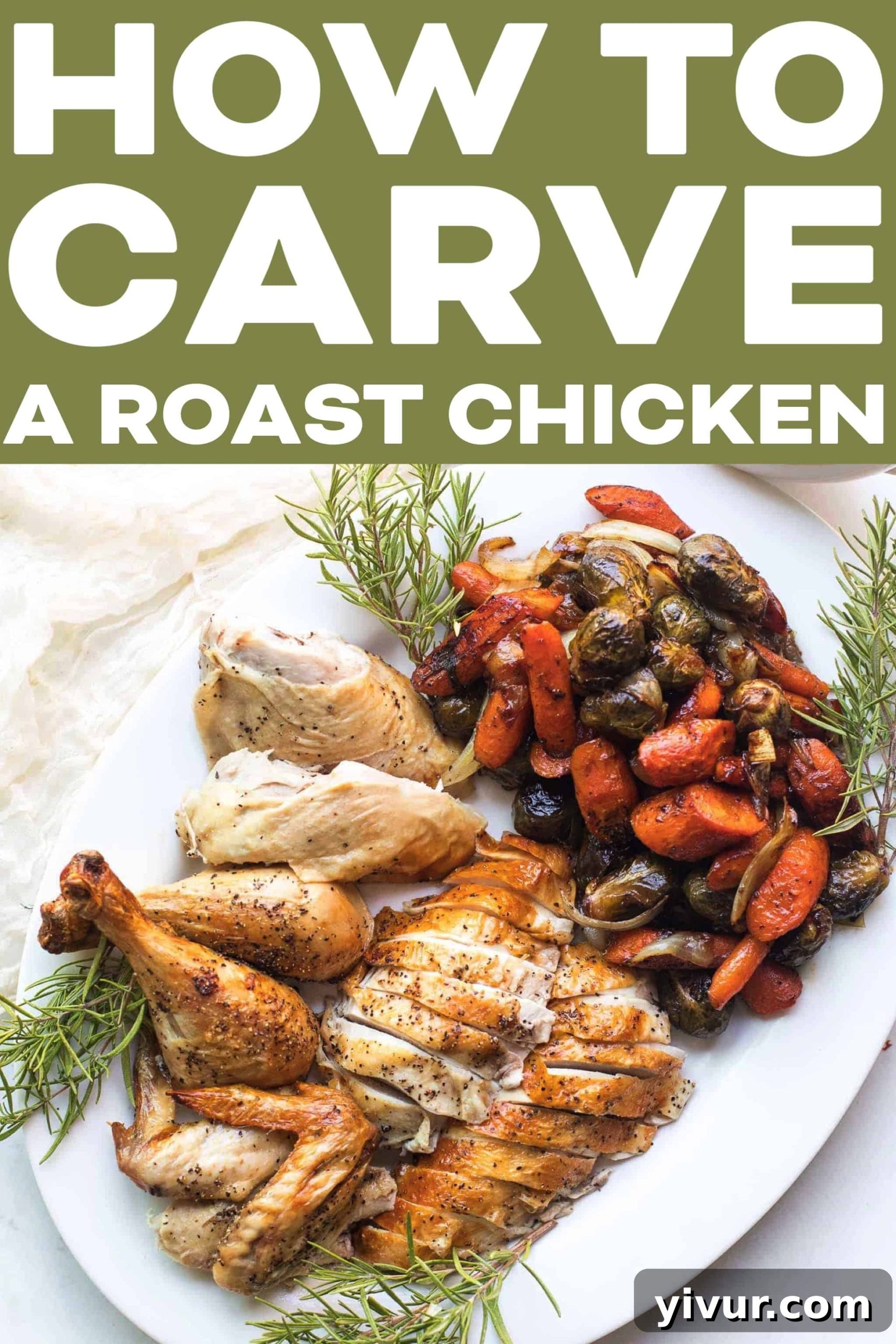 A second close-up image showing a perfectly roasted and carved chicken, artfully arranged on a rustic wooden cutting board with fresh herbs, emphasizing the golden-brown skin and tender meat.