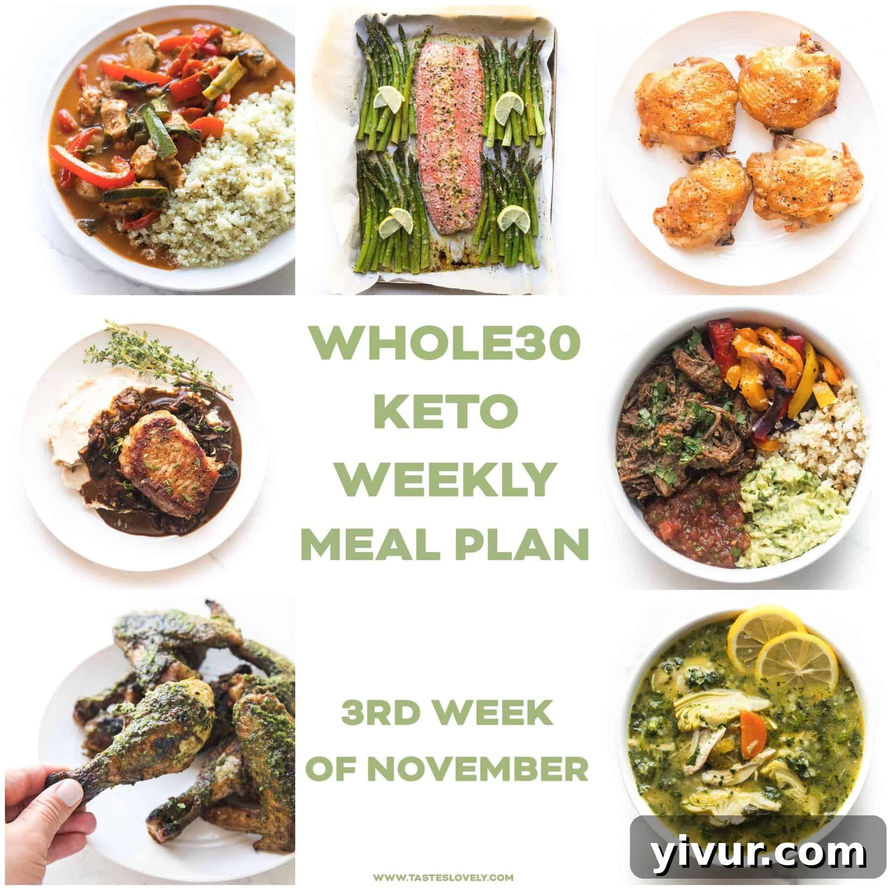 A vibrant assortment of fresh, whole ingredients laid out for Whole30 and Keto meal preparation, including various vegetables, lean proteins, and healthy fats.