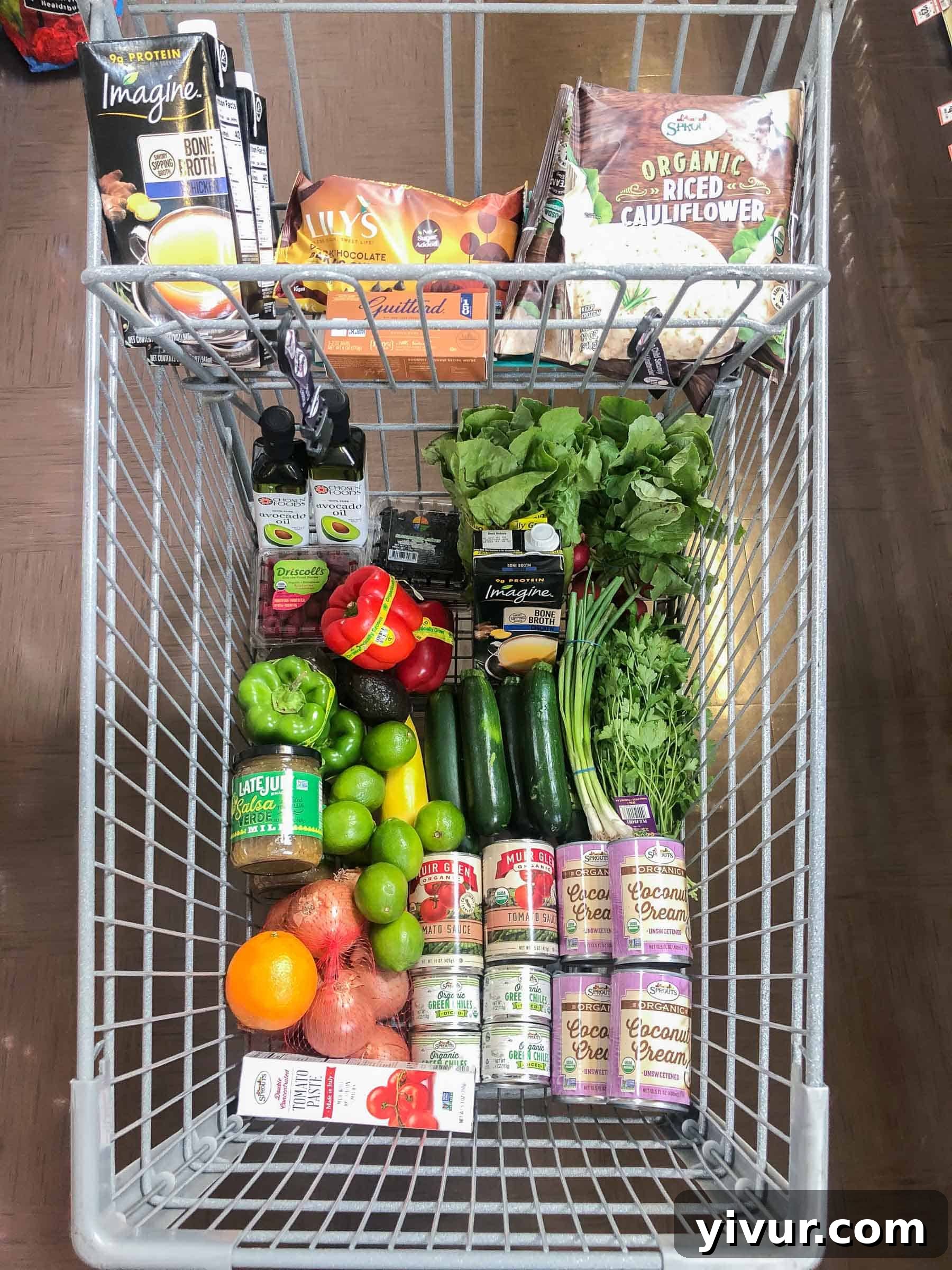 A detailed photo of a grocery haul from Sprouts, featuring a variety of Whole30 and Keto-friendly fruits, vegetables, and pantry staples.