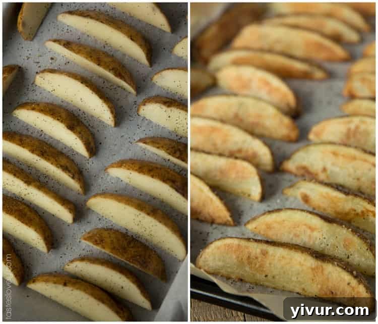 Perfectly Roasted Potato Wedges 6 Potato wedges laid out on paper towels, being thoroughly dried to remove excess moisture before seasoning