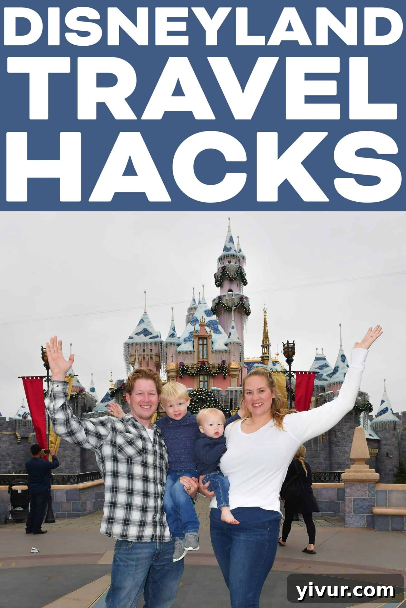 Family smiling with a Disney character