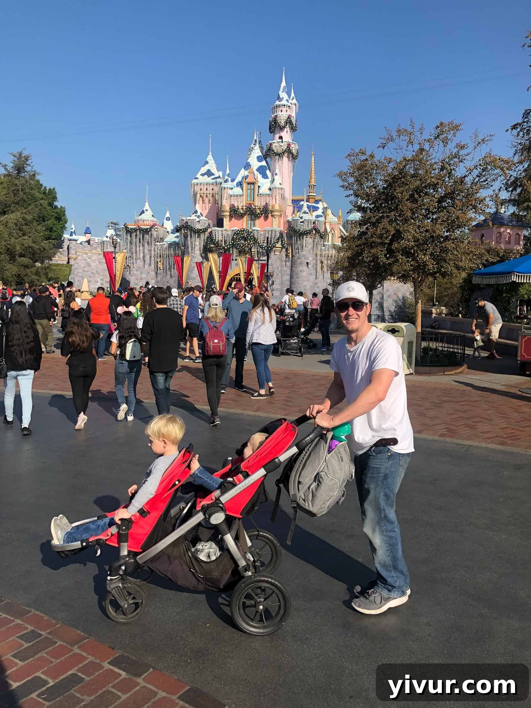 Toddlers in a double stroller at Disneyland